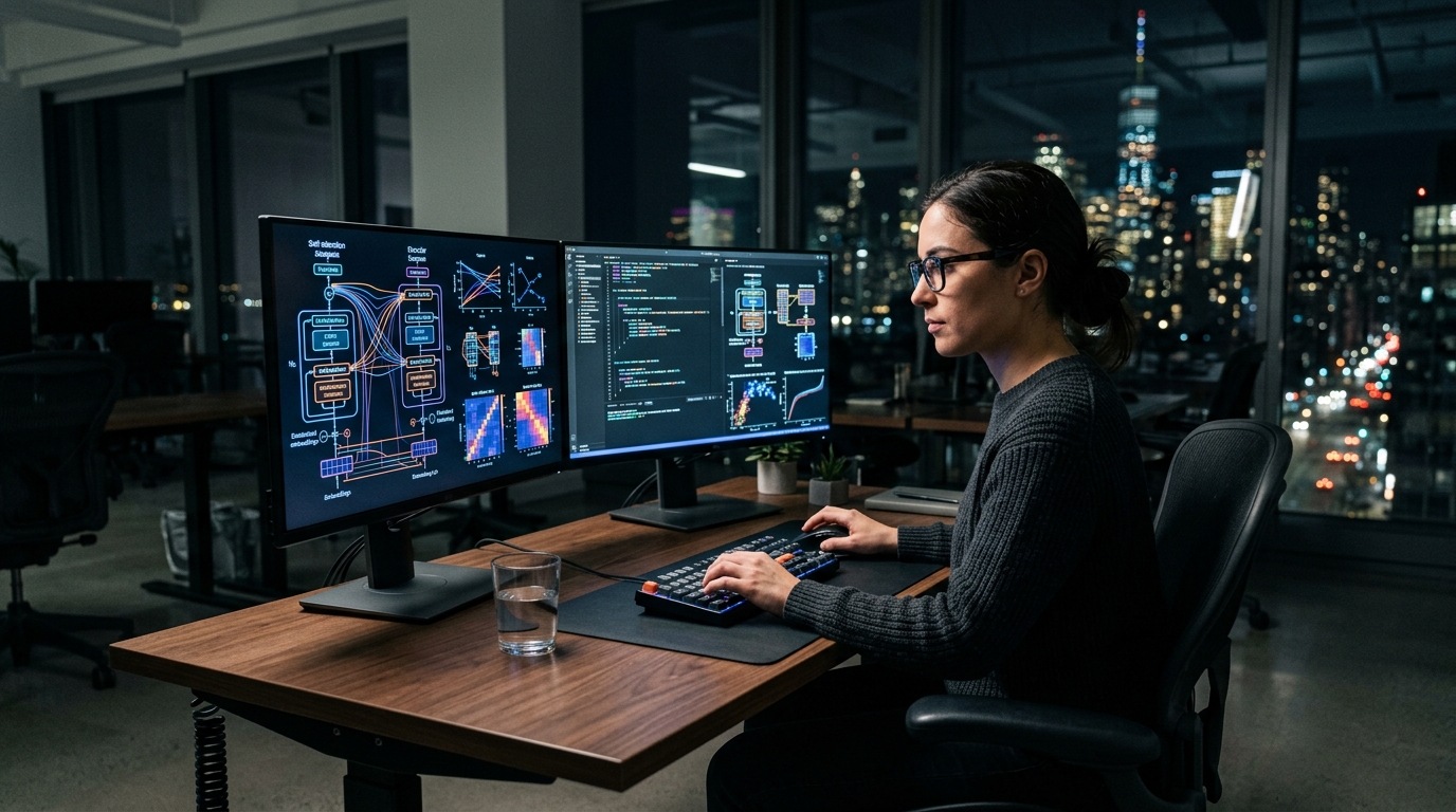 Yazılım geliştiricinin çift monitöründe MLA dikkat grafikleri ve matris optimizasyon kodları