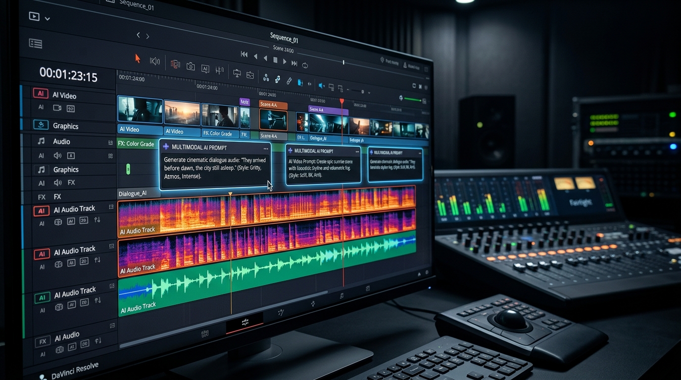 Premiere Pro çok modlu video ve yapay zekâ ses dalga formu zaman çizelgesi