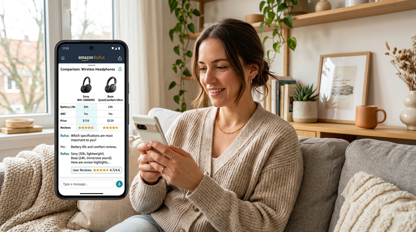 Amazon mobil uygulamasında Rufus yapay zekâ asistanı ile ürün karşılaştırması yapan tüketici