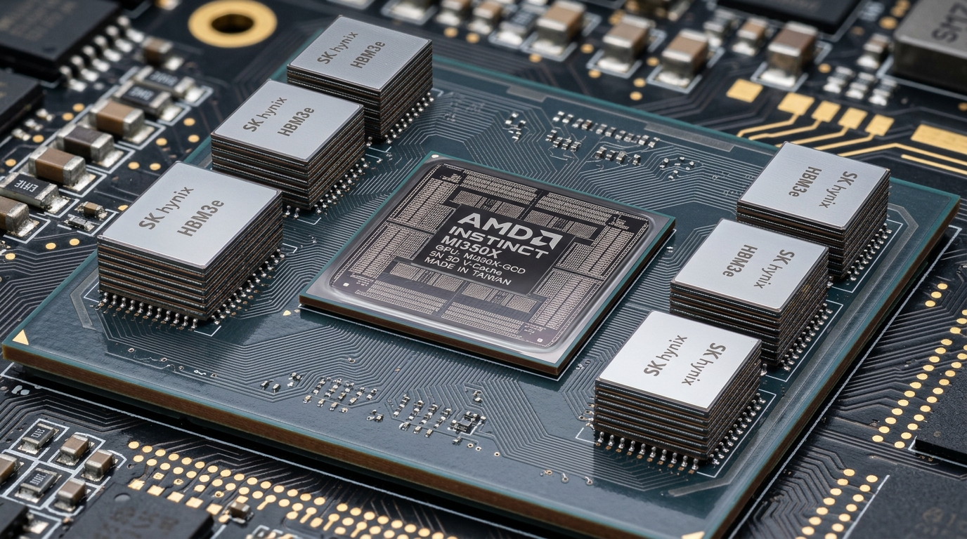 AMD Instinct MI350X hızlandırıcı çip paketi ve 288GB HBM3e yığın bellek silikon mimarisi