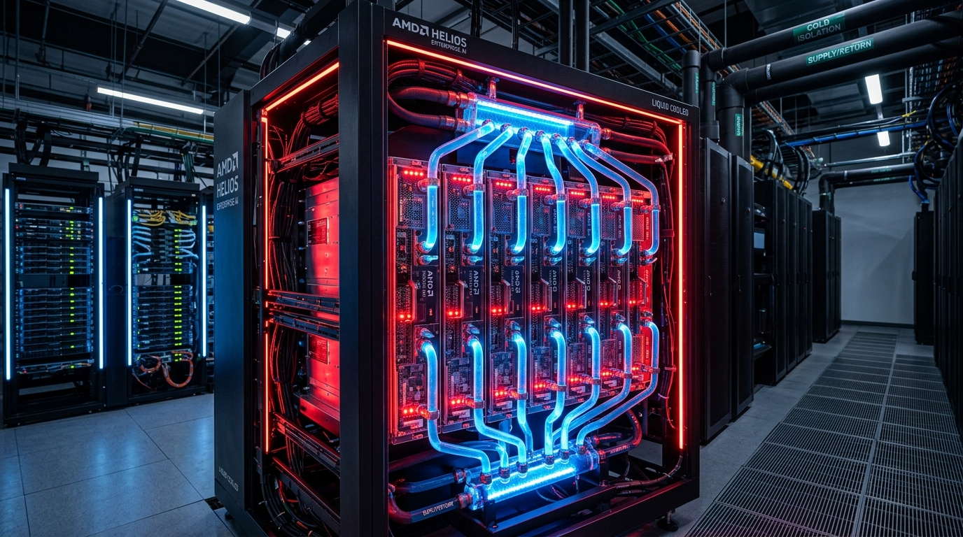 AMD Helios sıvı soğutmalı yapay zekâ sunucu kabini ve Instinct MI350X bilgi işlem blokları