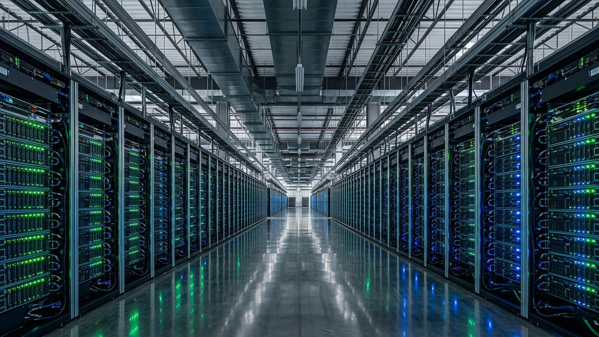 Dev veri merkezinin sıvı soğutmalı sunucu koridorları ve yüksek hızlı fiber optik bağlantıları