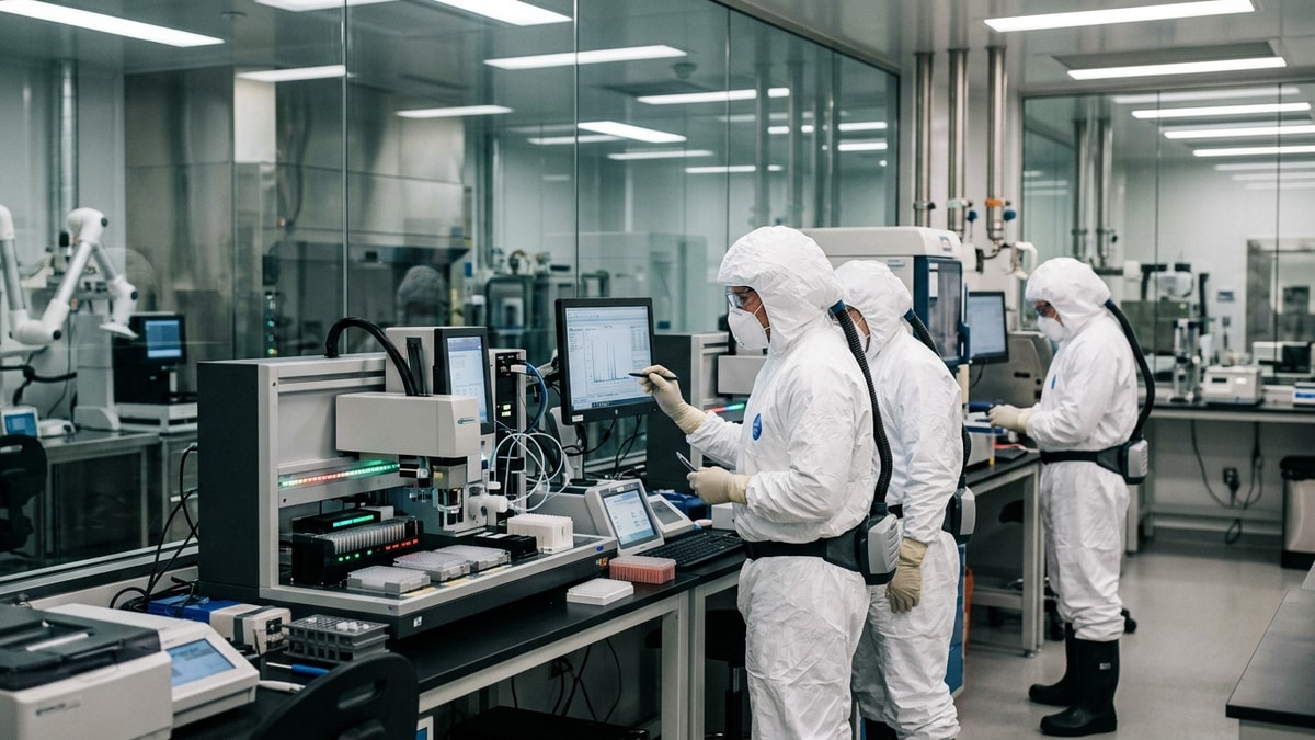 Biyolojik risk analistleri temiz oda giysileriyle moleküler tanı konsollarını incelerken