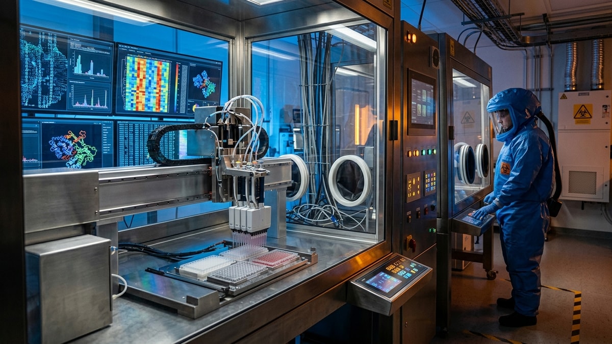 En yüksek güvenlikli BSL-4 biyogüvenlik laboratuvarında robotik pipetleme ve genetik analiz odası