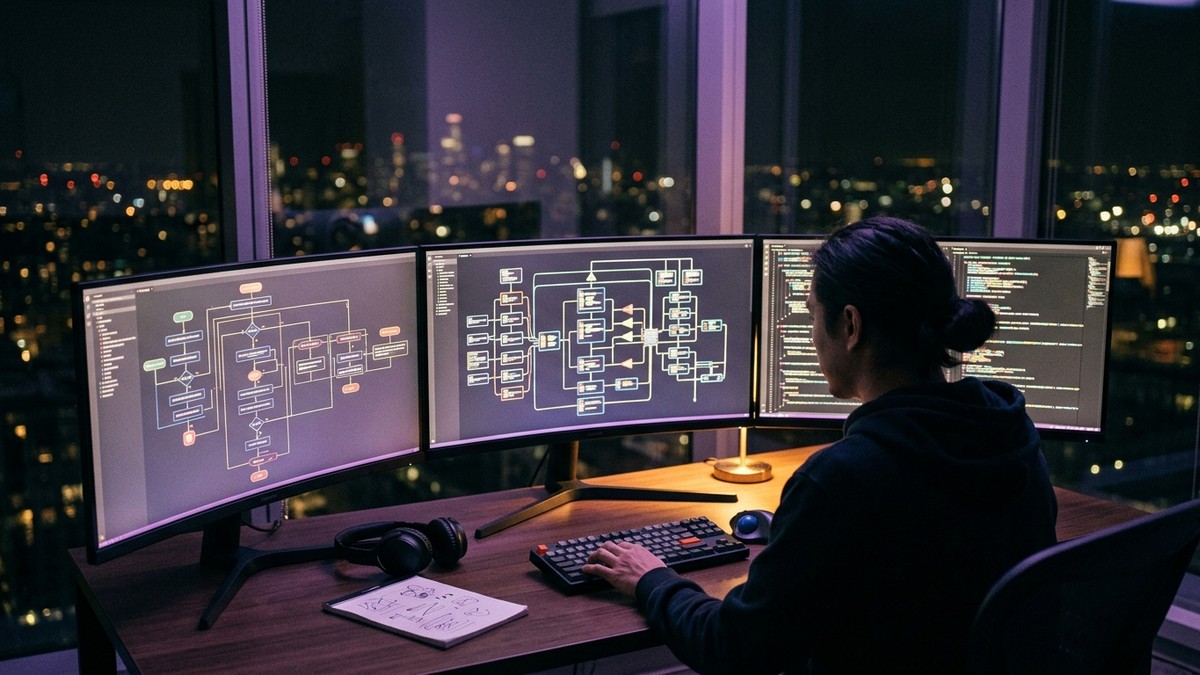 Gece ofisinde çoklu monitörlerde otonom kodlama yapan yazılım mühendisi çalışma alanı