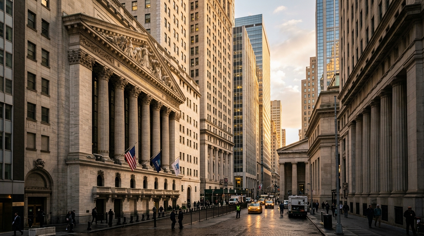 Wall Street finans merkezinde gün doğumunda klasik borsa binası sütunları ve göğe yükselen cam finans kuleleri