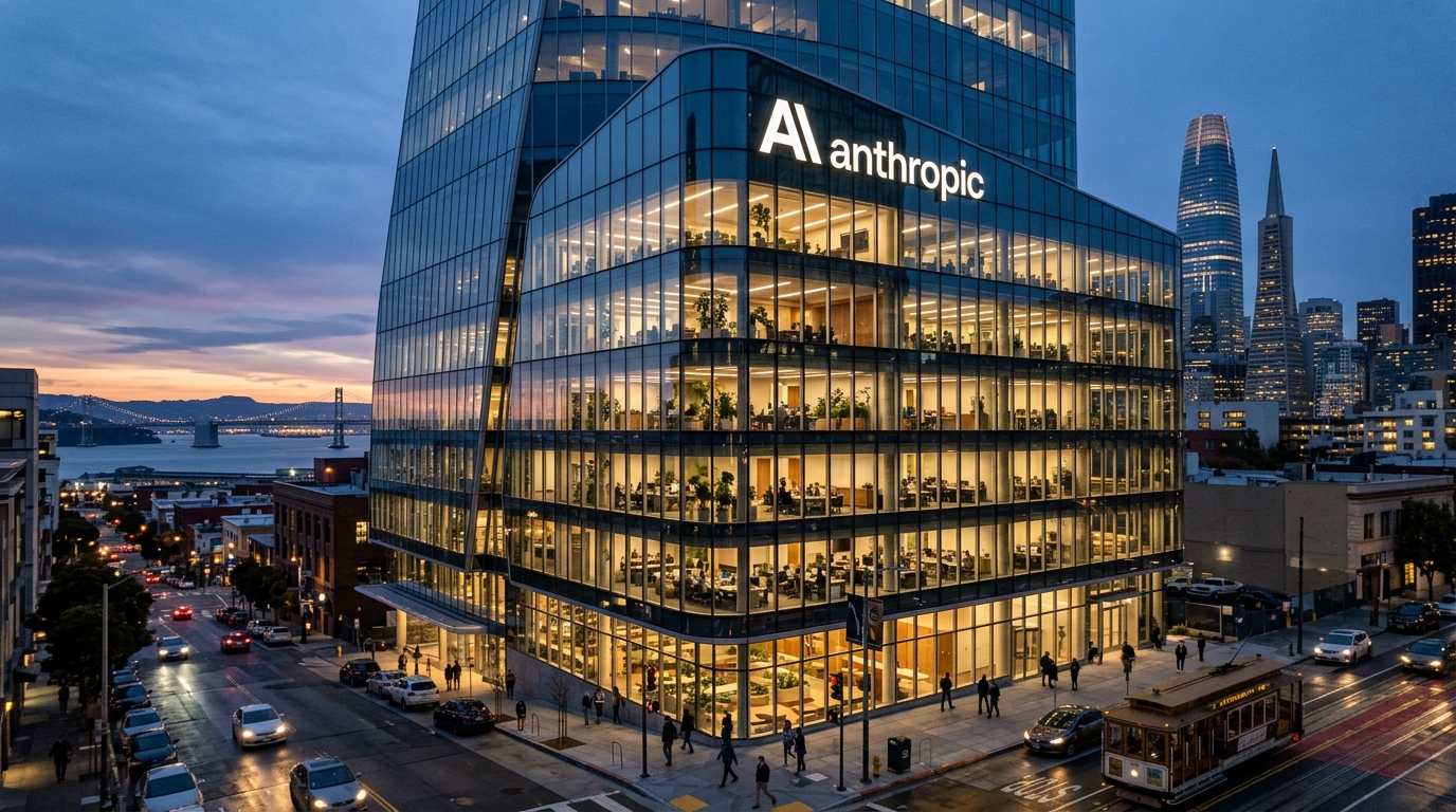 Anthropic San Francisco genel merkezi ve yapay zekâ finansal büyüme simgesi