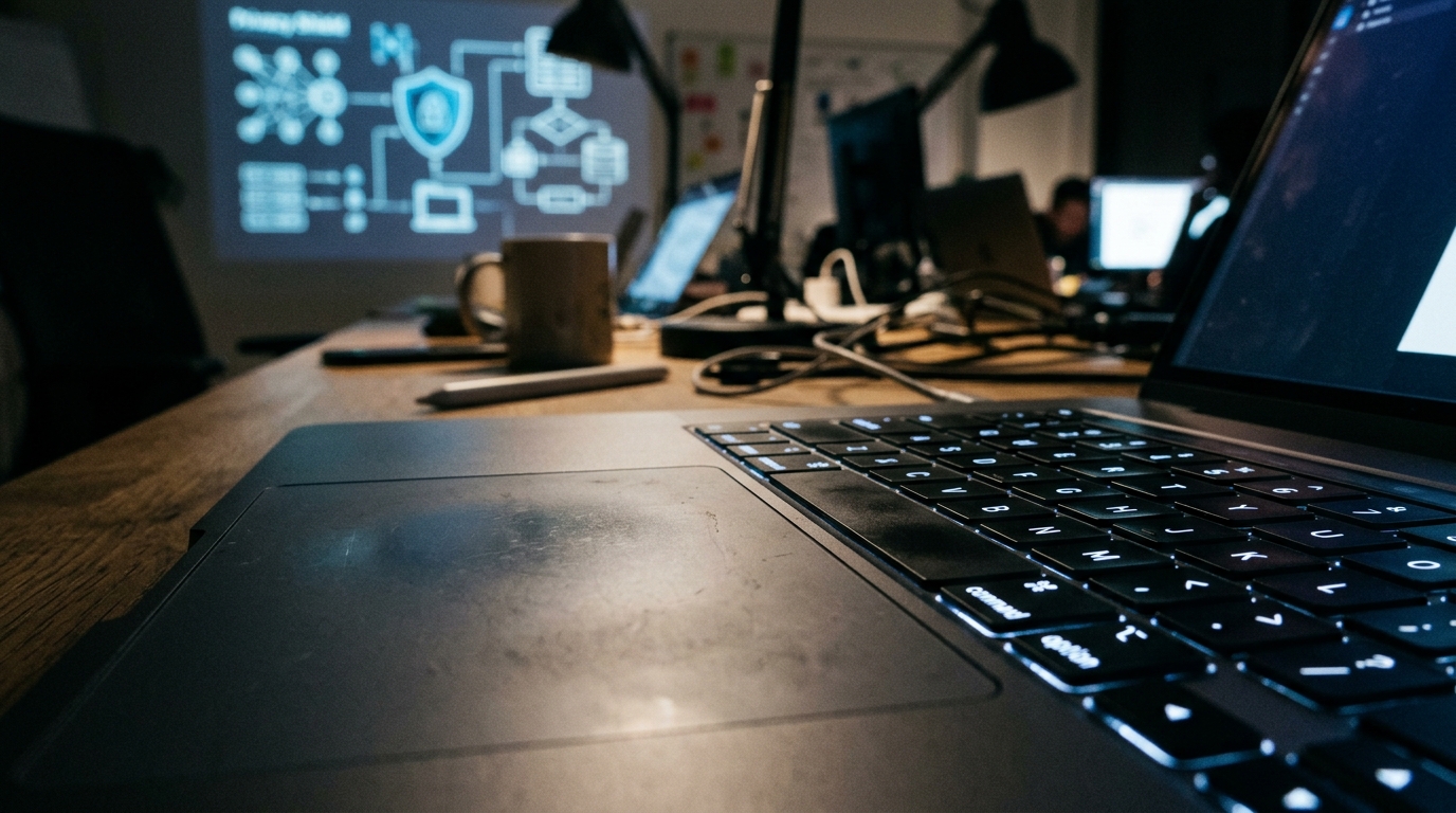 Karanlık tasarım ofisinde açık laptop ve arka planda veri gizliliği mimarisi şeması