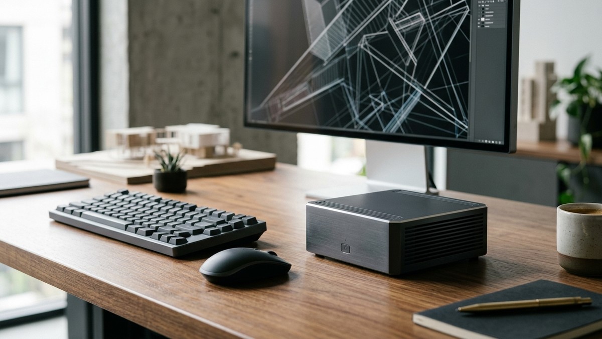 Ceviz ağacı çalışma masasında Asus Ascent QN10 mini PC ve modern yüksek çözünürlüklü monitör kurulumu