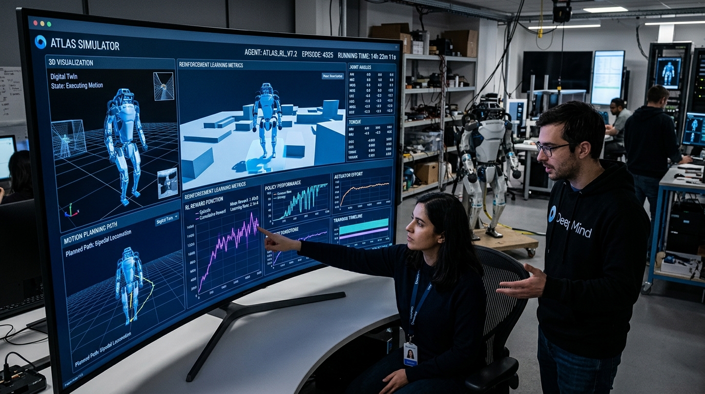 Google DeepMind laboratuvarında Atlas robotunun dijital ikizi ve pekiştirmeli öğrenme simülasyonu