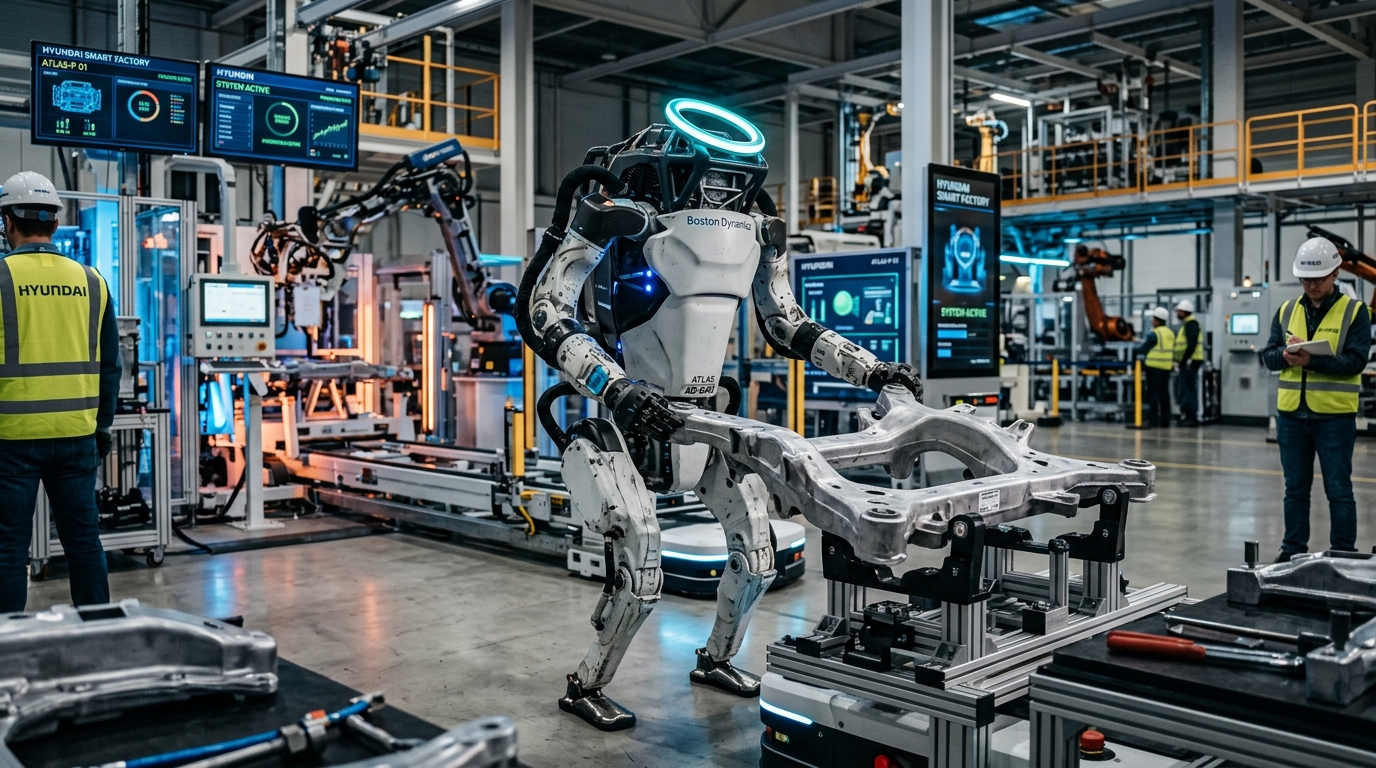 Boston Dynamics elektrikli Atlas insansı robotu Hyundai akıllı fabrikasında parça montajı yaparken