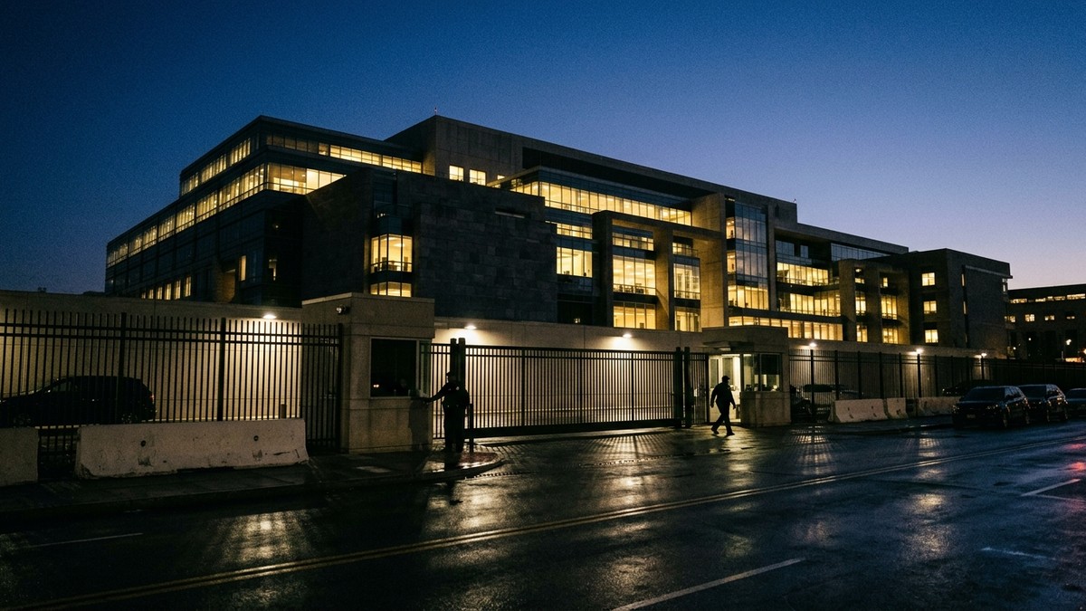 Gece alacakaranlığında aydınlatılmış Avustralya parlamento ve bakanlık binaları silueti ve güvenlik çitleri