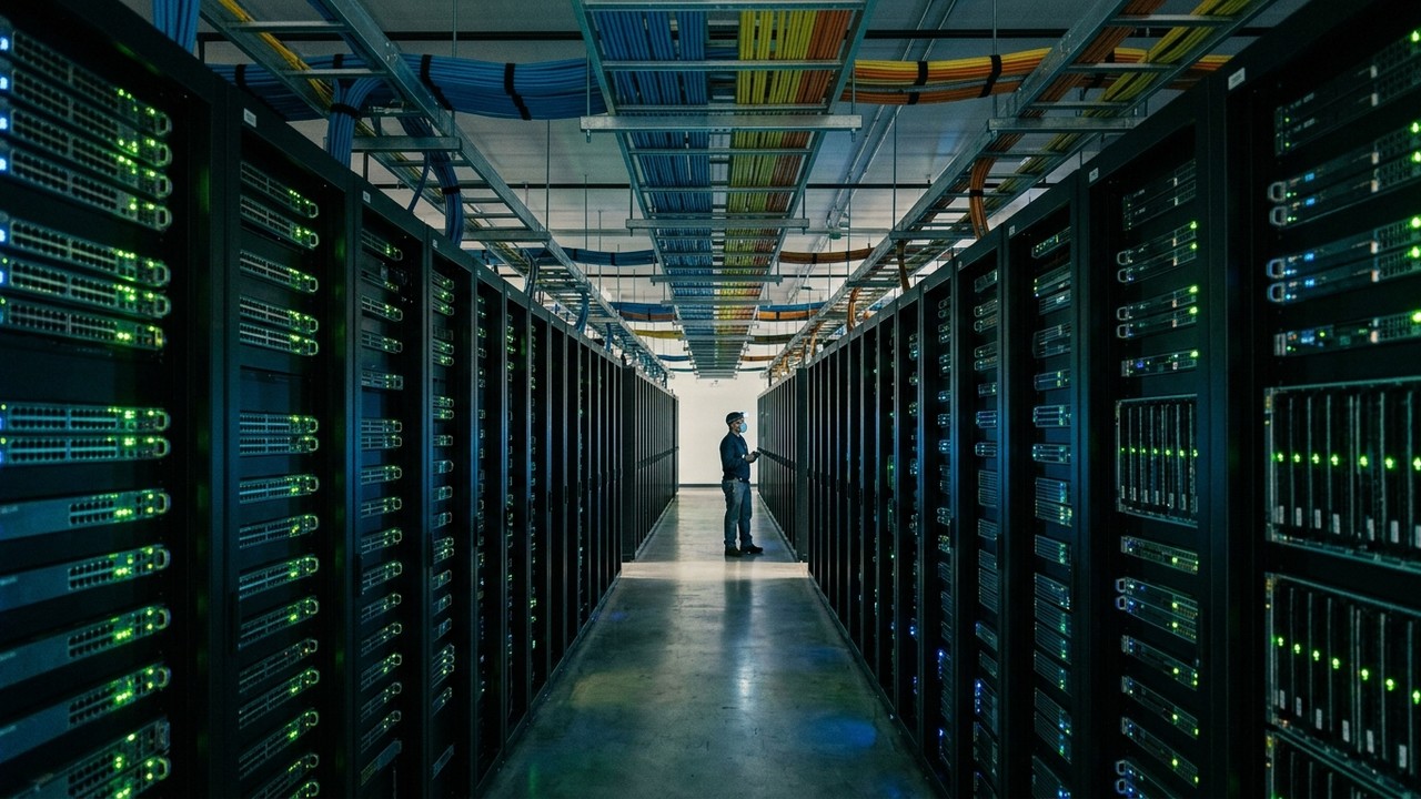 Büyük ölçekli bulut veri merkezinde düzenli sunucu kabinleri ve yüksek hızlı fiber optik hatlar