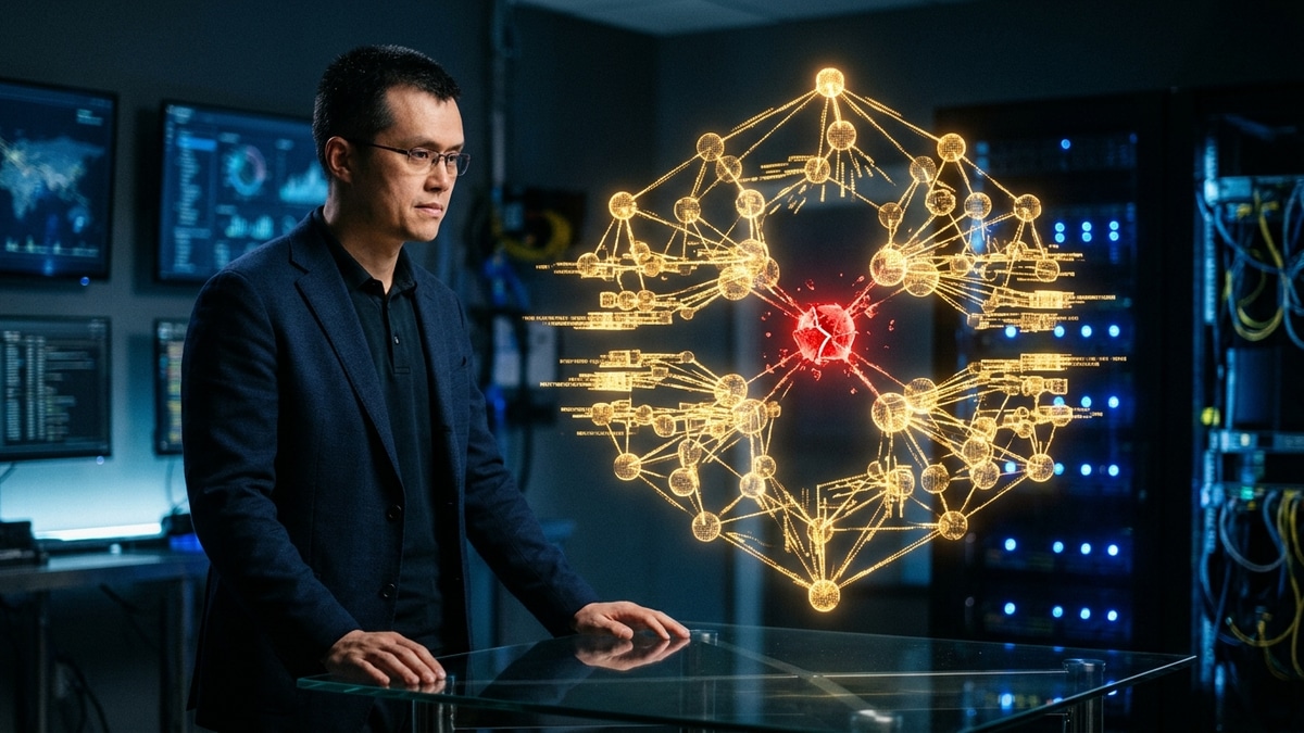 Changpeng Zhao portresi ve dijital varlık güvenlik merkezinde kırılmış IAVL Merkle ağacı kriptografik düğümünü inceleyen siber adli bilişim uzmanları