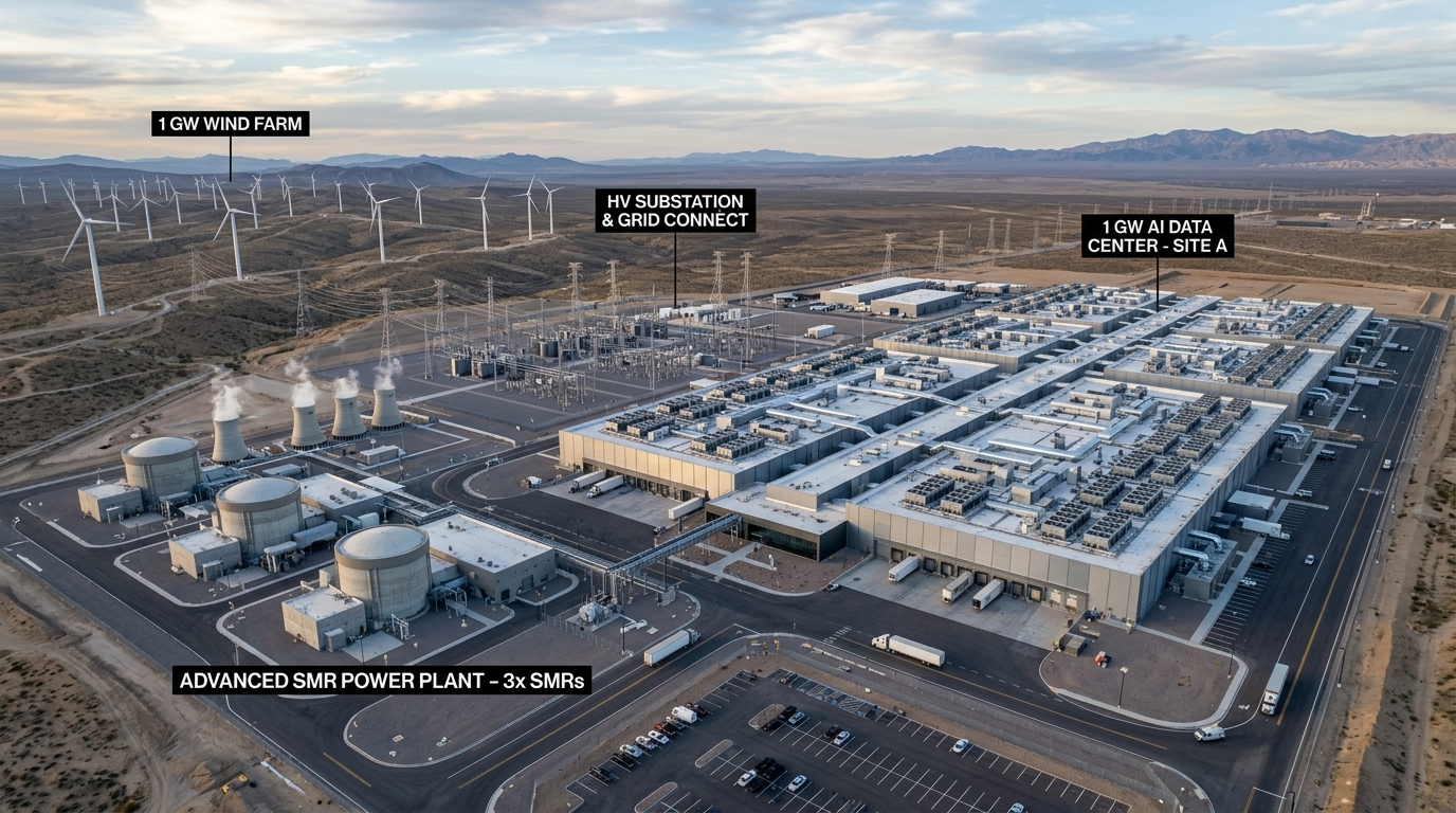1 Gigawattlık AI veri merkezi kampüsü, mikro nükleer reaktörler ve rüzgar enerjisi şebekesi havadan görünümü