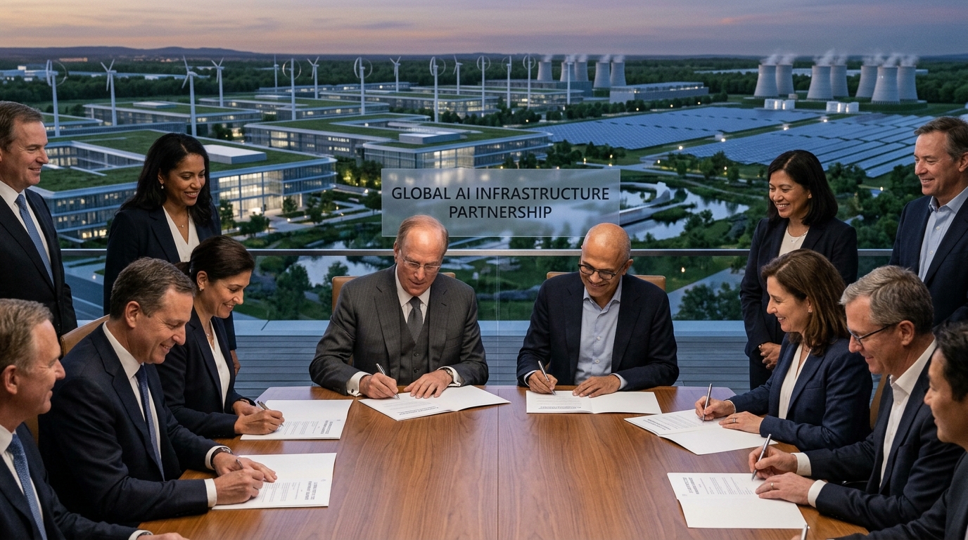 Larry Fink, Satya Nadella ve küresel liderler AI Infrastructure Partnership (AIP) 100 milyar dolarlık yatırım anlaşmasını imzalarken