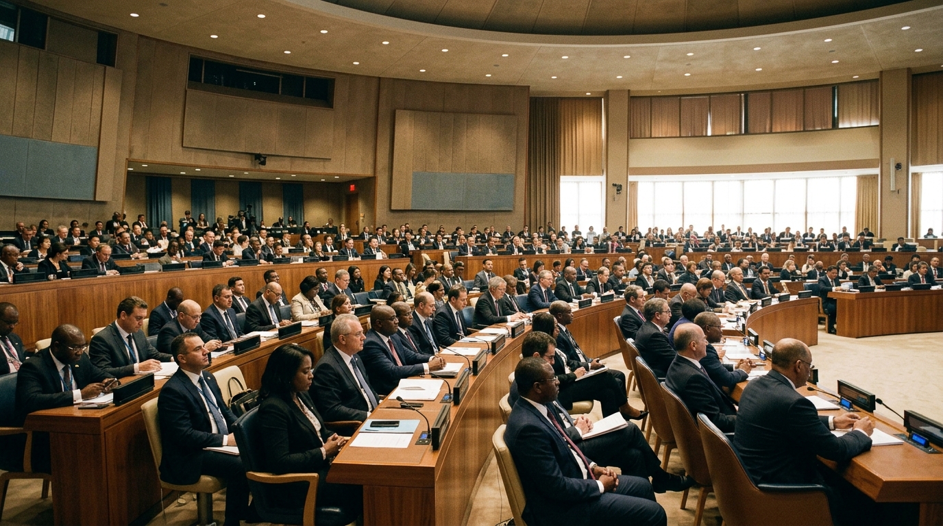 Birleşmiş Milletler Genel Kurul salonunda hükümet delegelerinin yapay zeka risklerini tartıştığı üst düzey diplomatik oturum