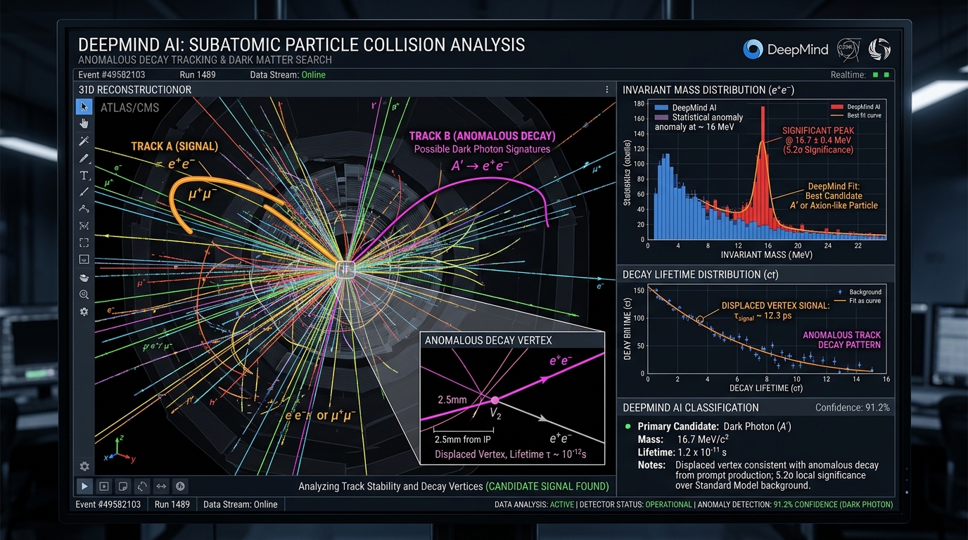 CERN ve DeepMind kuantum AI analiz ekranında Standart Model dışı 16.7 MeV karanlık foton tepe sinyali