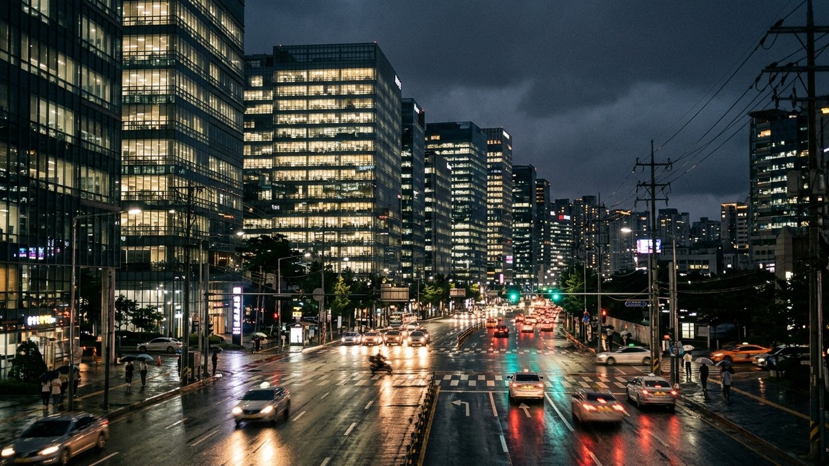 Gece saatlerinde modern Asya teknoloji vadisi binaları ve ıslak caddedeki ışık yansımaları