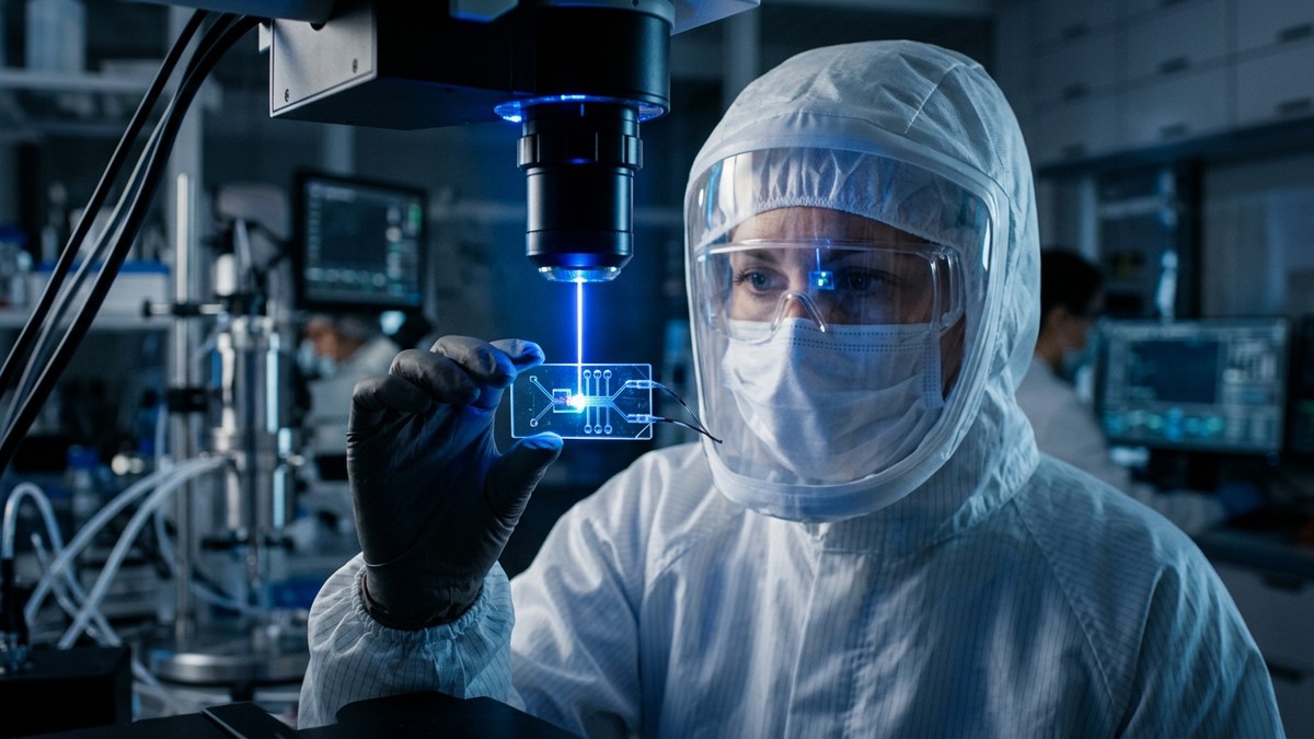 Temiz oda kıyafetli moleküler biyolog şeffaf mikroakışkan DNA çipini lazer ışığı altında inceliyor