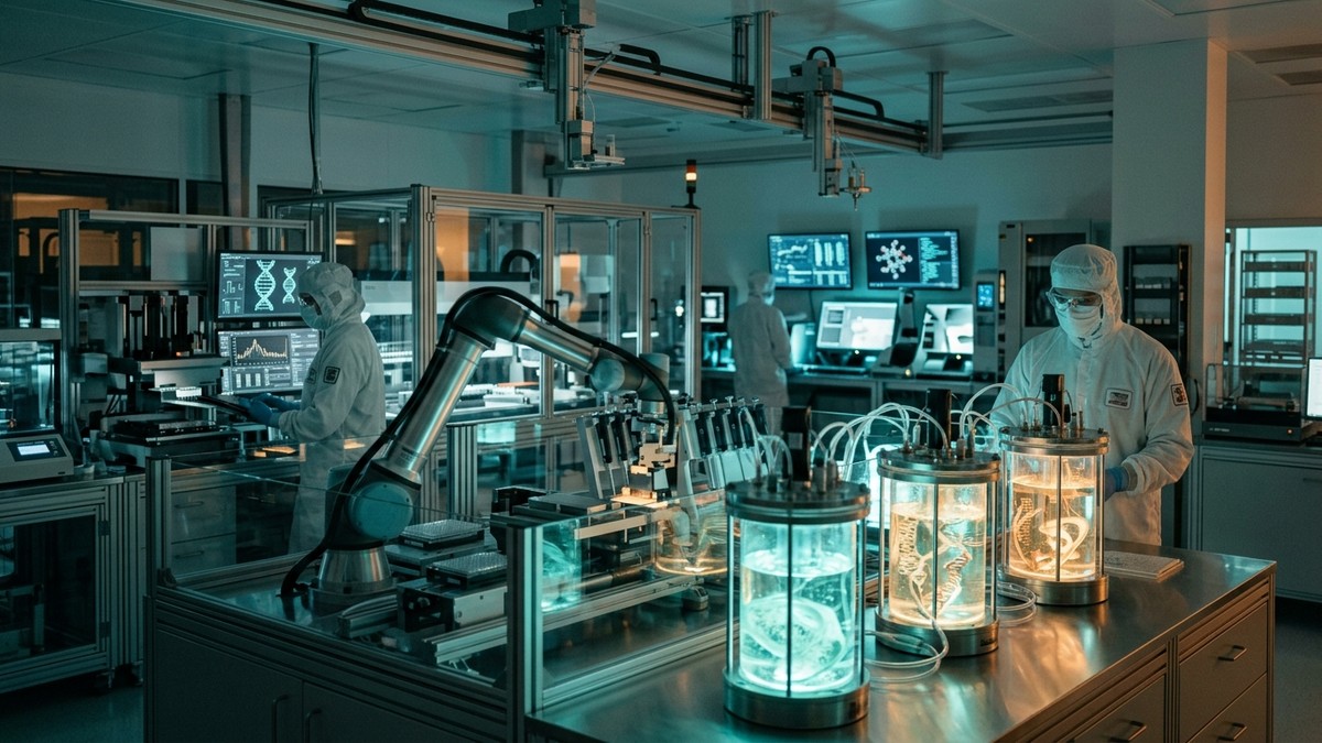 Modern genetik biyoloji laboratuvarında otomatik robotik pipetleme sistemleri ve parlayan biyoreaktörler