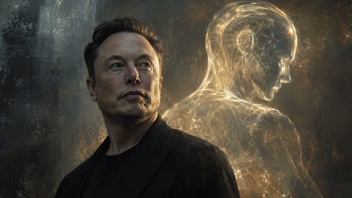 Musk'a benzeyen bir adam, yanında ışktan örülmüş yarı saydam insansı bir figüre dönük; dramatik ışık ve gölge
