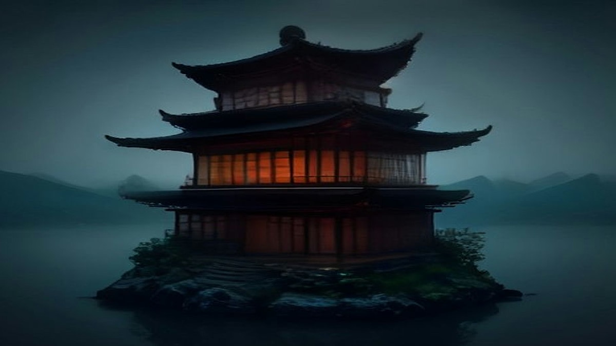 Alacakaranlıkta sisli dağlar ve göl üzerinde içten kehribar ışıklarıyla parıldayan çok katlı geleneksel Japon pagodası 3D mimari sahnesi