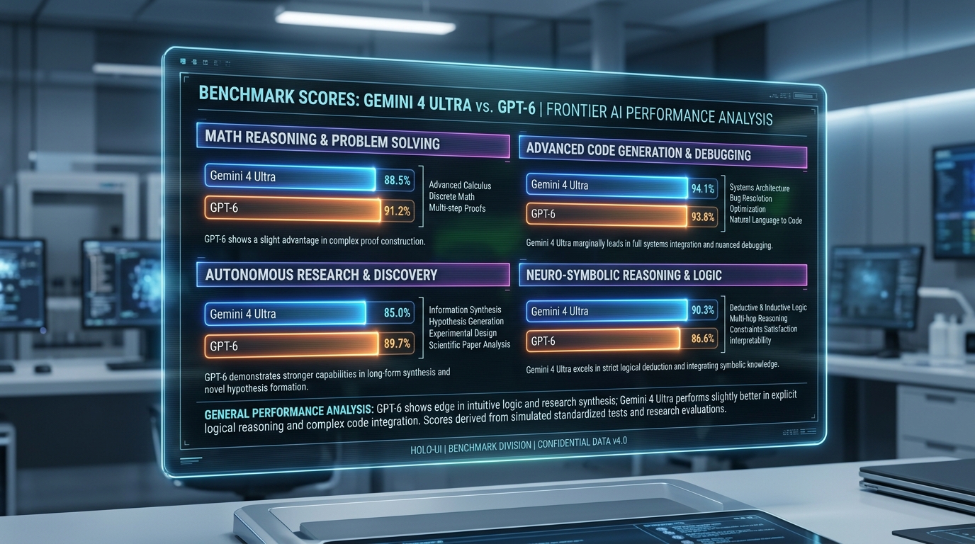 Gemini 4 Ultra ve GPT-6 matematik, kodlama ve otonom araştırma kıyaslama test skorları ekranı