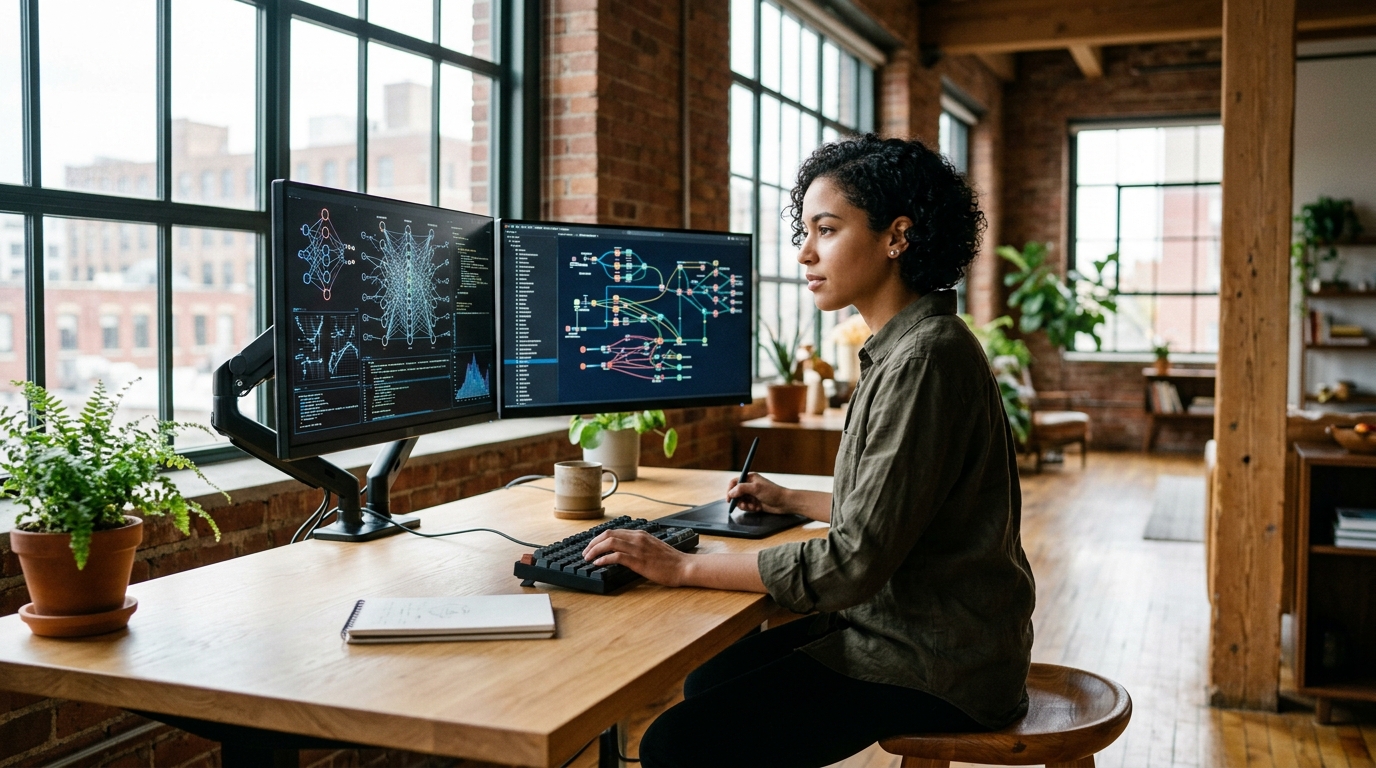 Çift monitörde yapay zeka kodlama araçları ve GitHub geliştirmeleri yapan mühendis