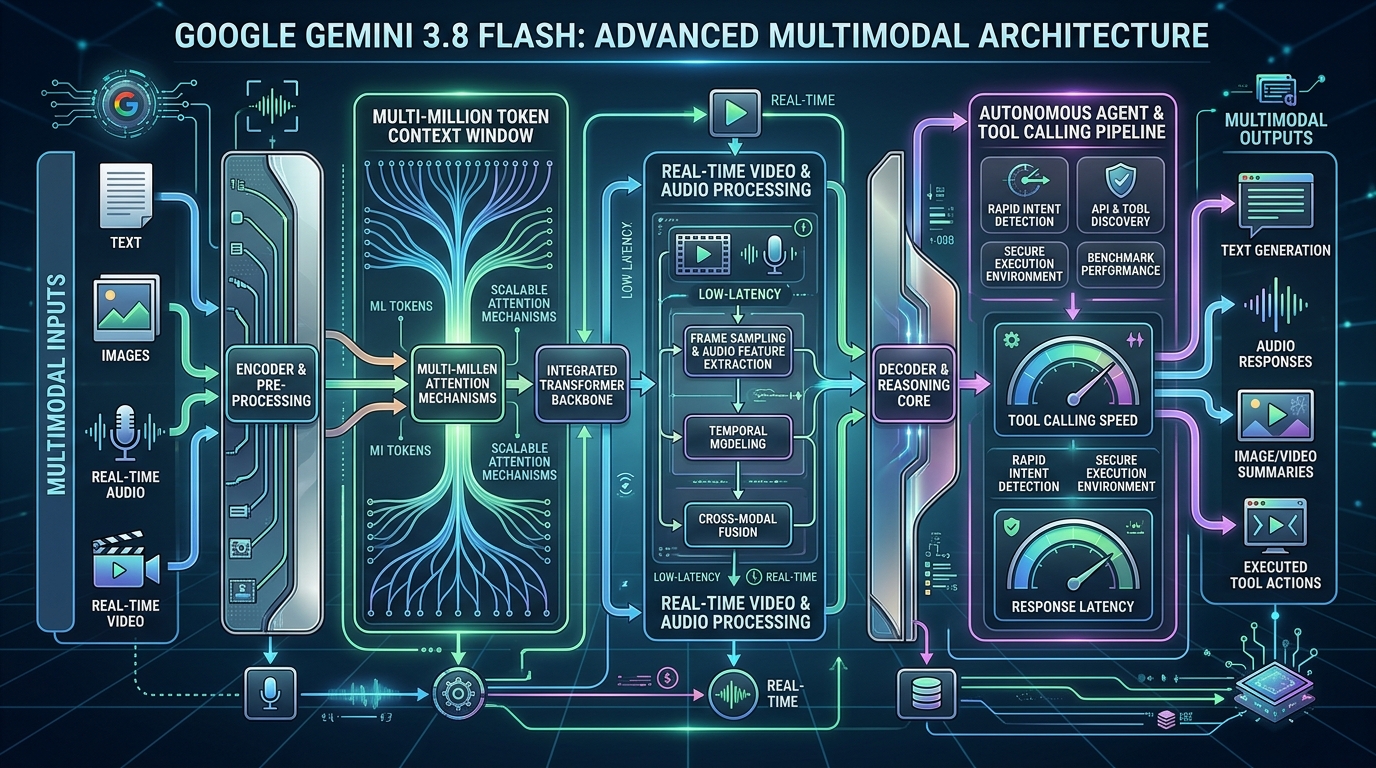 Google Gemini 3.8 Flash mimari infografiği, 10 milyon token bağlam penceresi ve otonom araç çağırma hattı