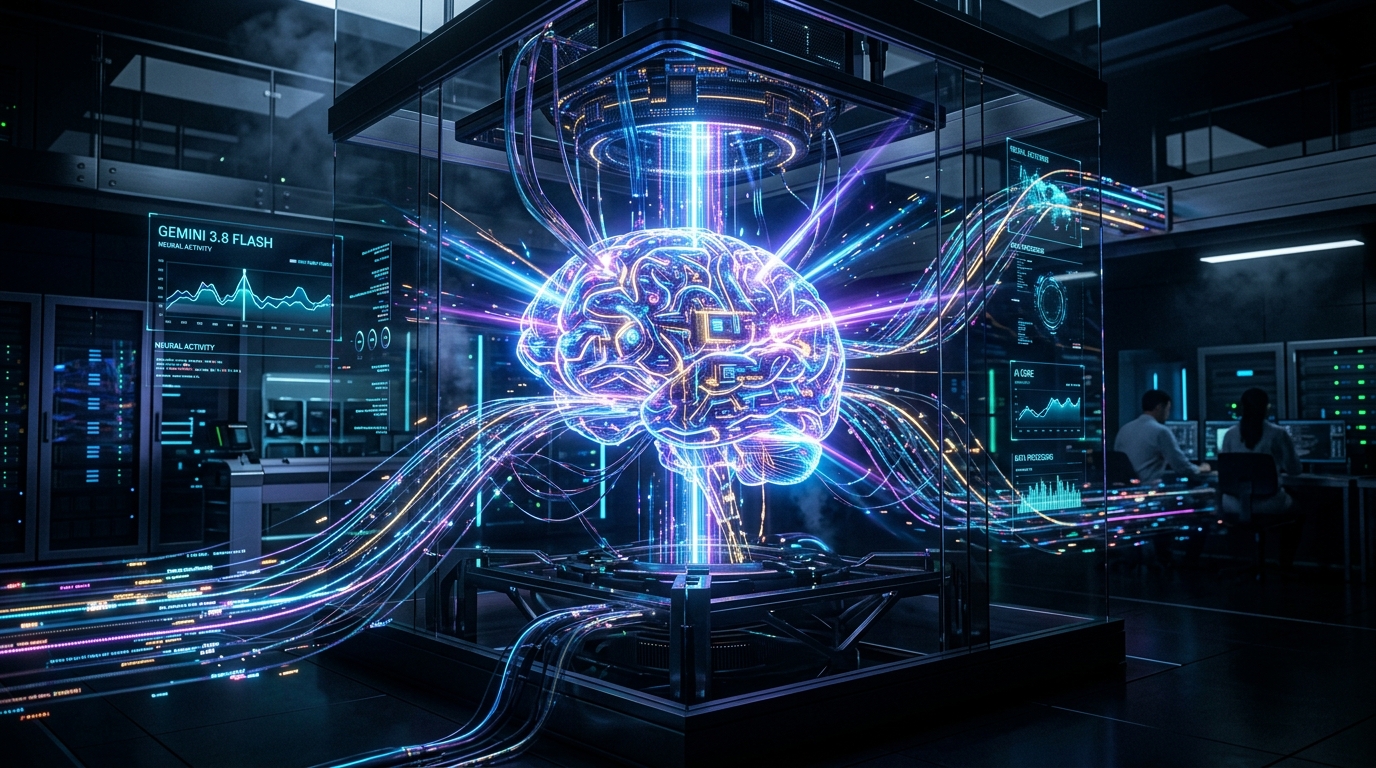 Google DeepMind laboratuvarında fütüristik Gemini 3.8 Flash nöral ağ çekirdeği ve çoklu modlu veri işleme mimarisi