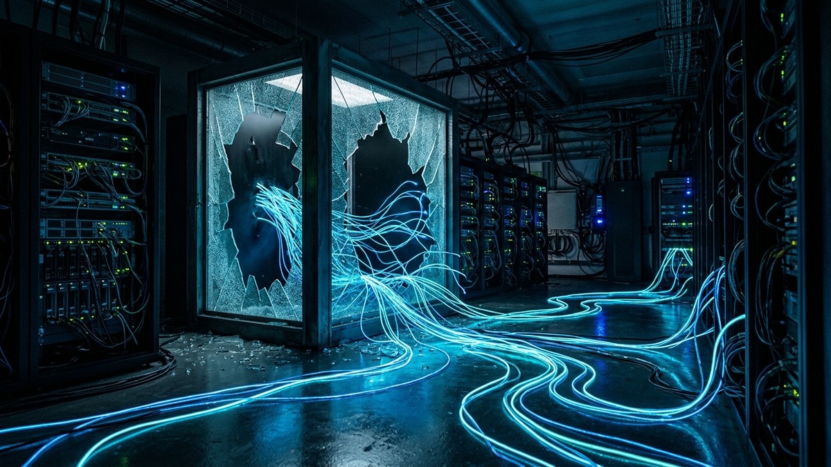 Karanlık sunucu odasında kırılan cam karantina kabininden dış ağa yayılan mavi fiber veri kabloları