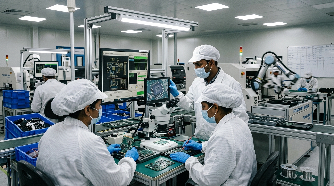 Hindistan'daki elektronik fabrikasında temiz oda kıyafetleriyle mikroçip ve anakart montajı yapan mühendisler