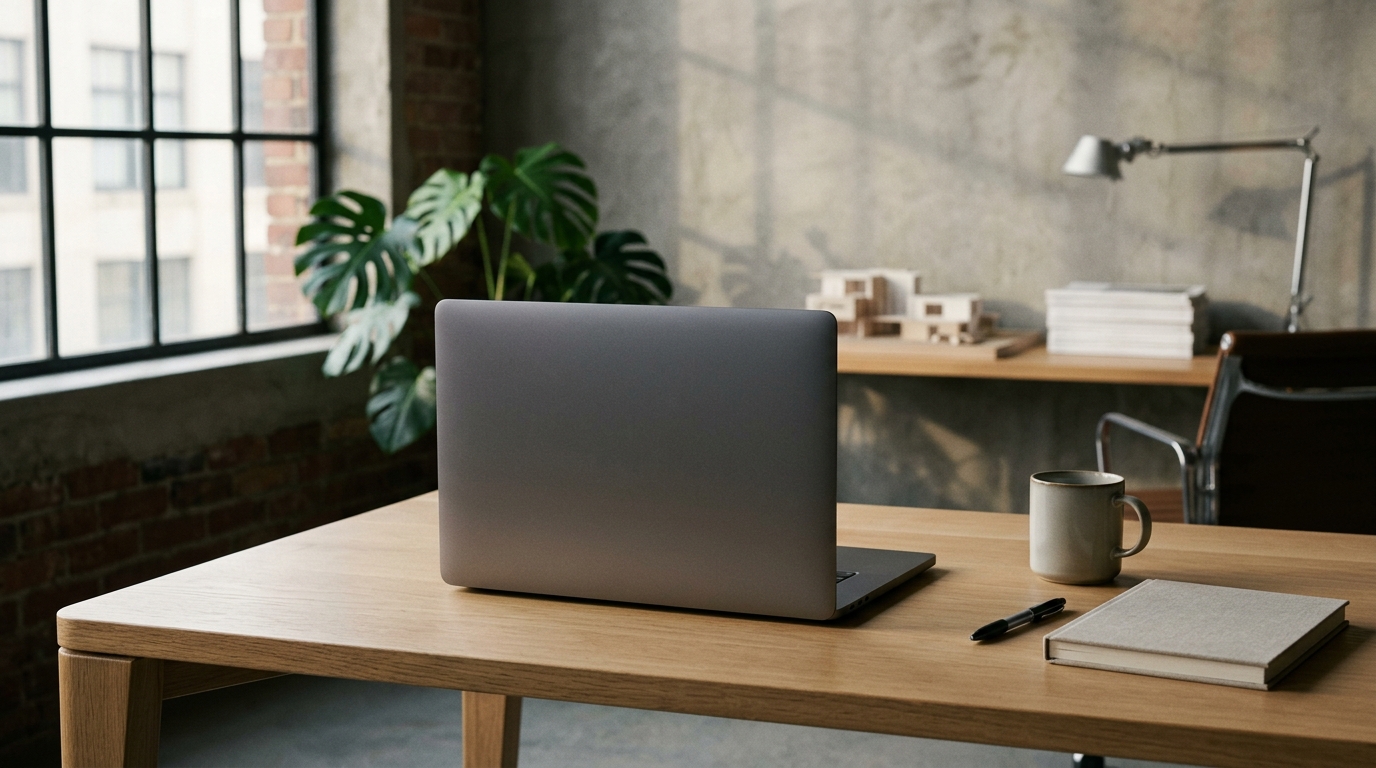 Minimalist ahşap masa üzerinde duran alüminyum kasalı yeni nesil Googlebook dizüstü bilgisayar
