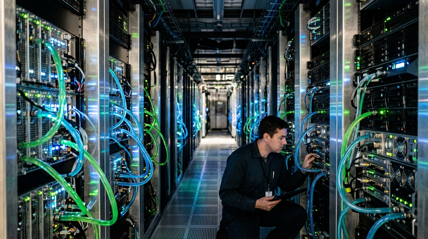 Sıvı soğutmalı GPU sunucu rafları arasında kablo bağlantılarını denetleyen teknisyen