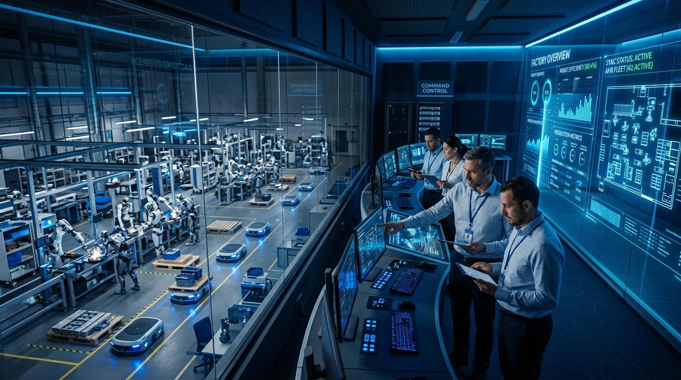 Intel endüstriyel robotik operasyon kontrol merkezi ve insansı filo yönetimi paneli