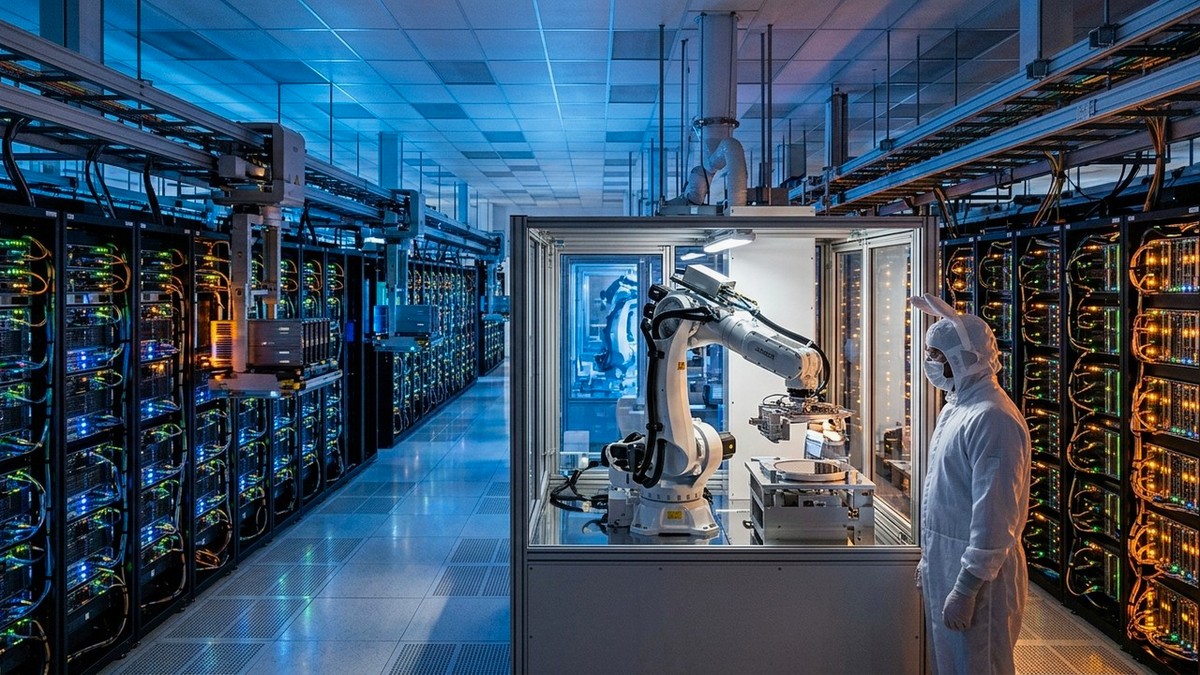 İleri düzey silikon gofret üretim tesisinde robotik kolların yarı iletken plakaları taşıması
