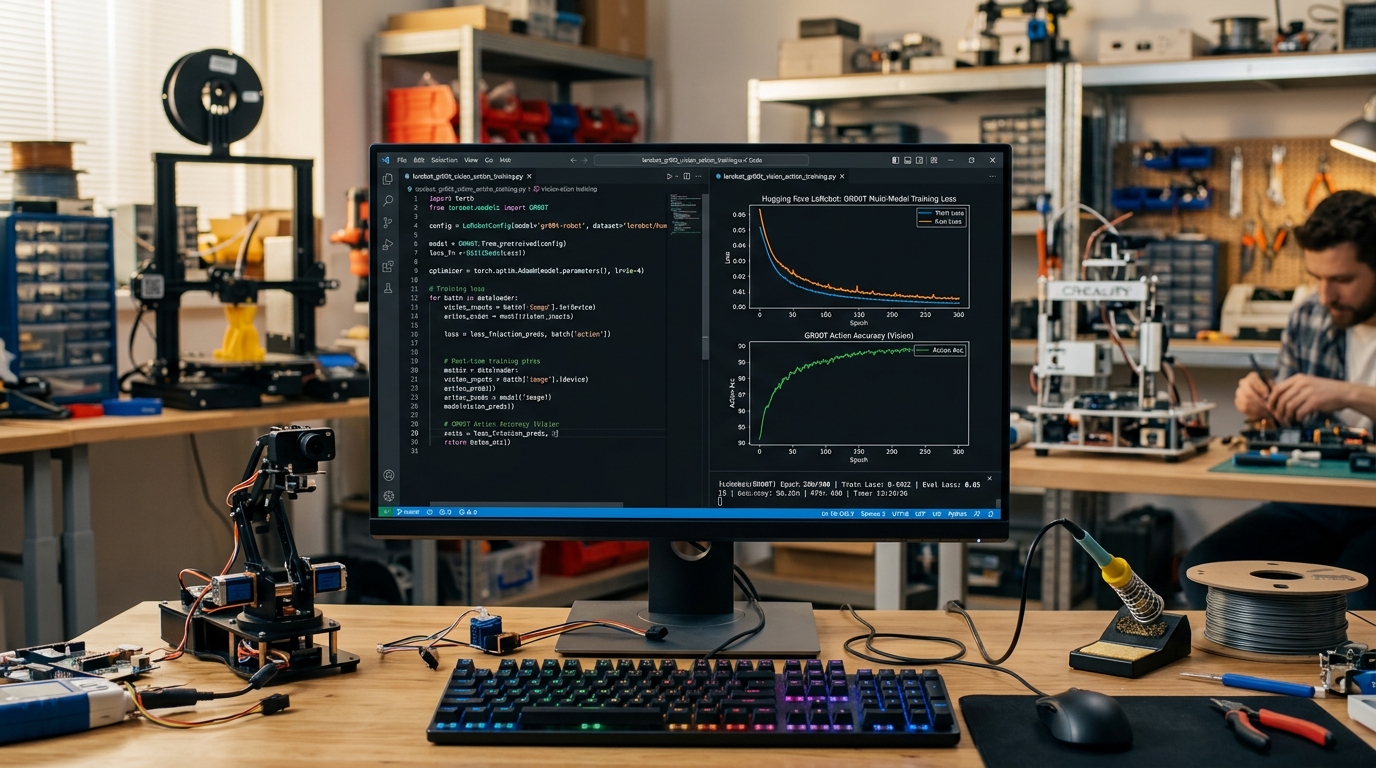 LeRobot Python eğitim terminali ve Nvidia GR00T vizyon-eylem çok modlu kayıp eğrisi grafikleri