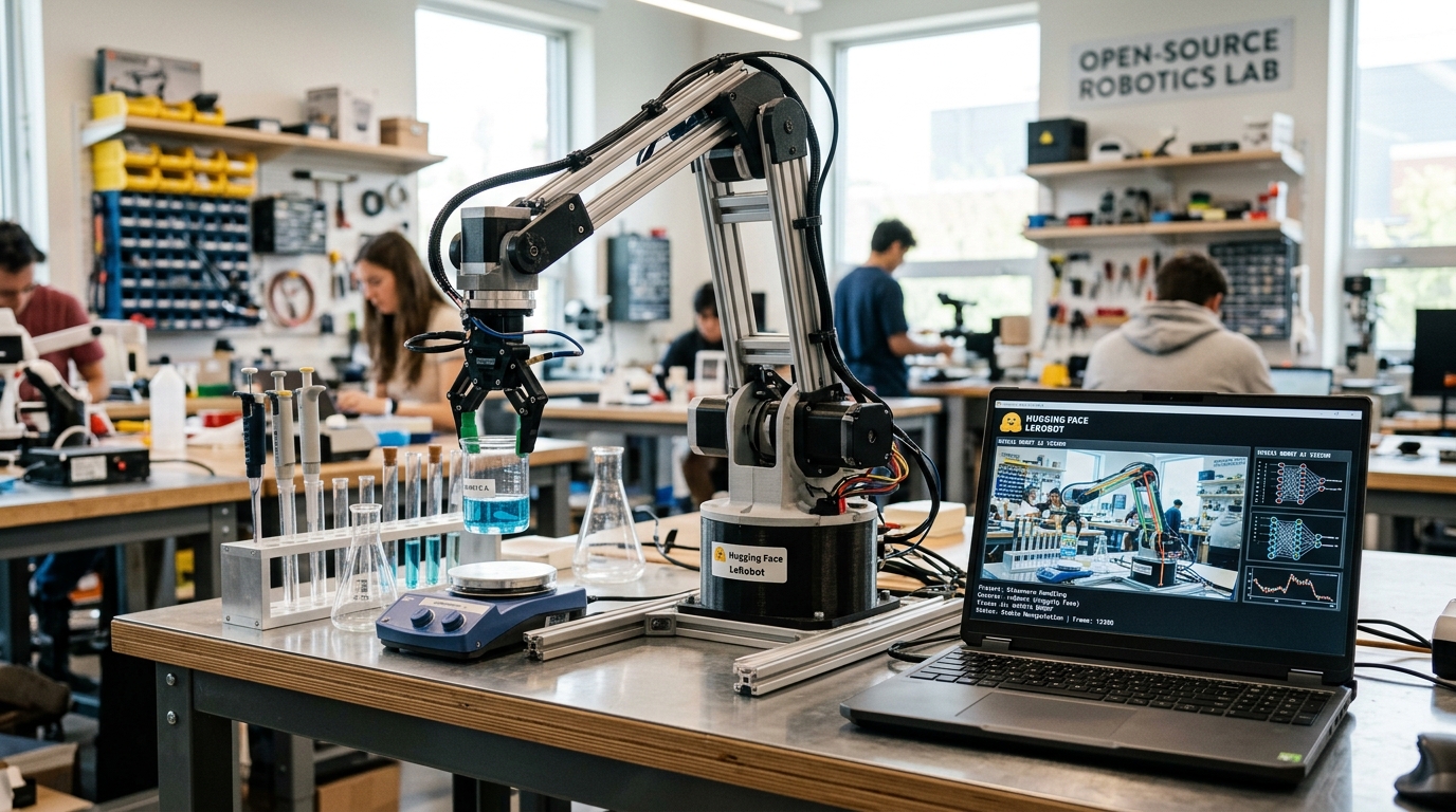Hugging Face LeRobot açık kaynaklı robotik laboratuvarı ve masaüstü robotik kol hassas işlem yaparken