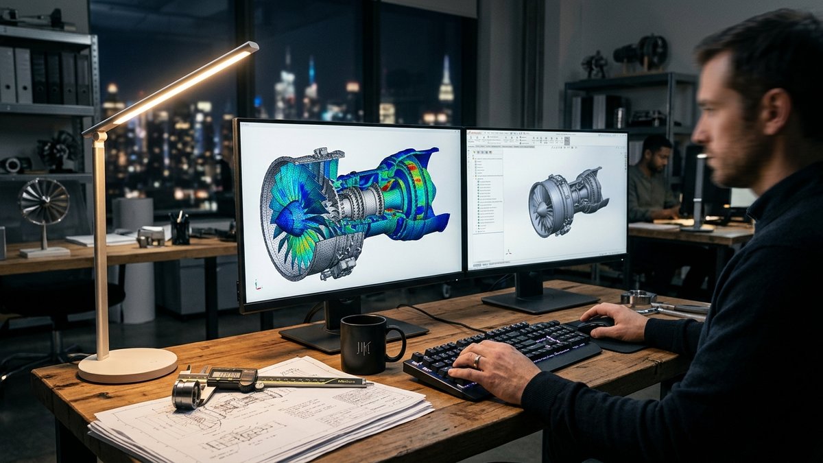 Modern makine mühendisliği tasarım ofisinde çift ekranda 3D türbin modeli ve sonlu elemanlar analizi