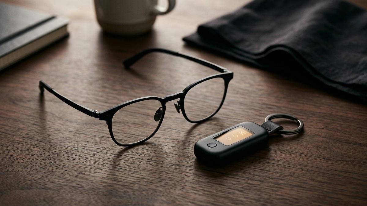 Ahşap masa üzerinde minimalist siyah akıllı gözlük ve OLED ekranlı Muse Charm anahtarlık cihazı