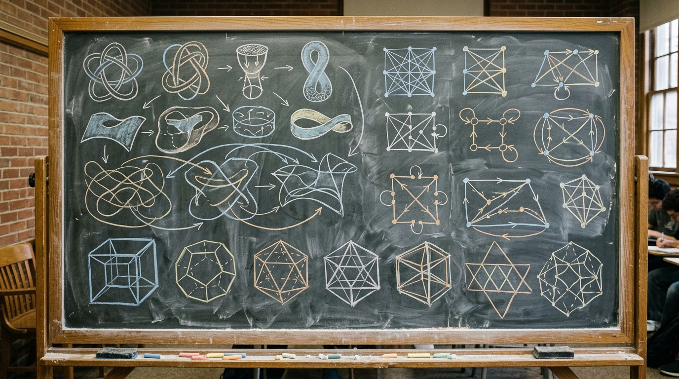 Üniversite matematik amfisinde çok boyutlu topoloji ve grup teorisi çizimleriyle dolu tebeşirli karatahta