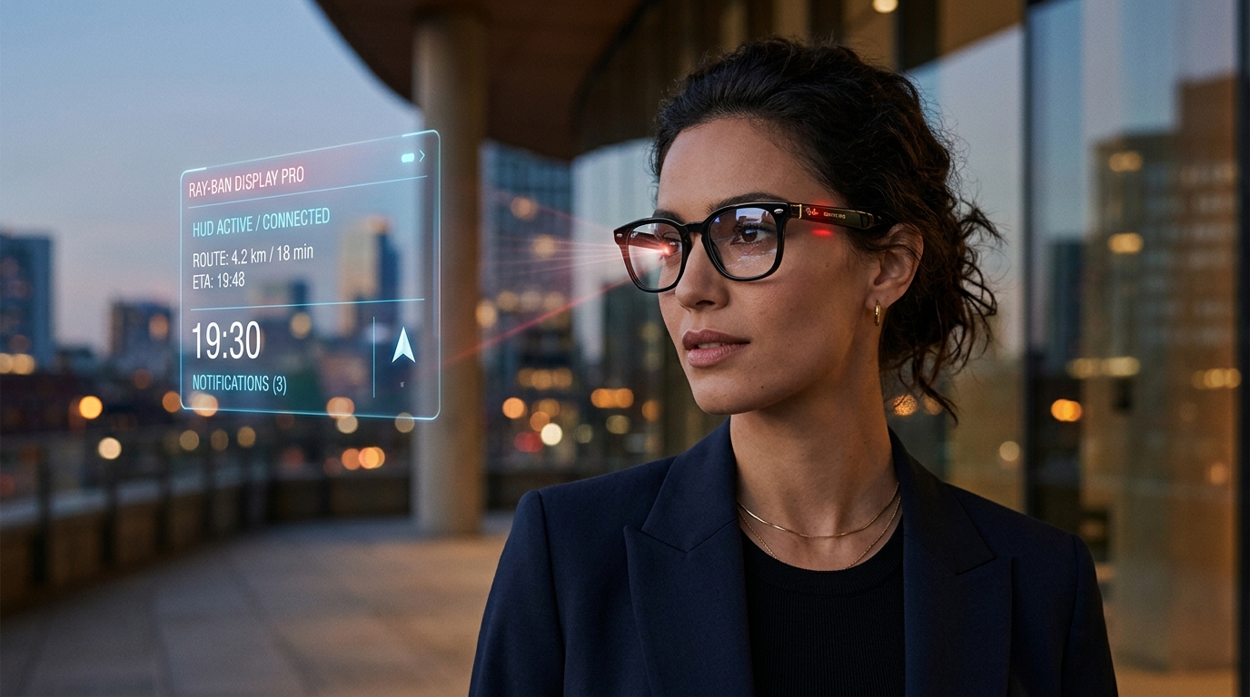 Ray-Ban Display Pro şık akıllı gözlüğünün gözlük camı üzerinden doğrudan retinaya lazer projeksiyon ve şeffaf HUD arayüzü yansıtması