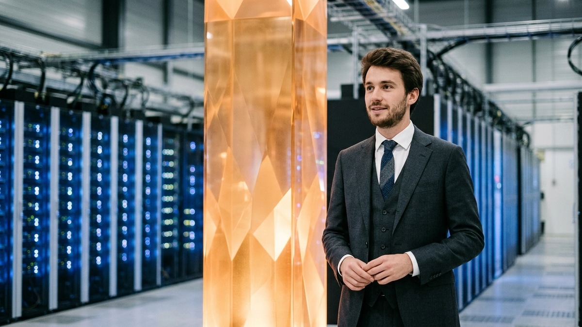 Mistral AI CEO'su Arthur Mensch portresi ve Paris'teki egemen süper bilgisayar merkezinde sıvı soğutmalı sunucu kabinleri arasında yükselen kehribar rengi kristal sinir ağı monoliti