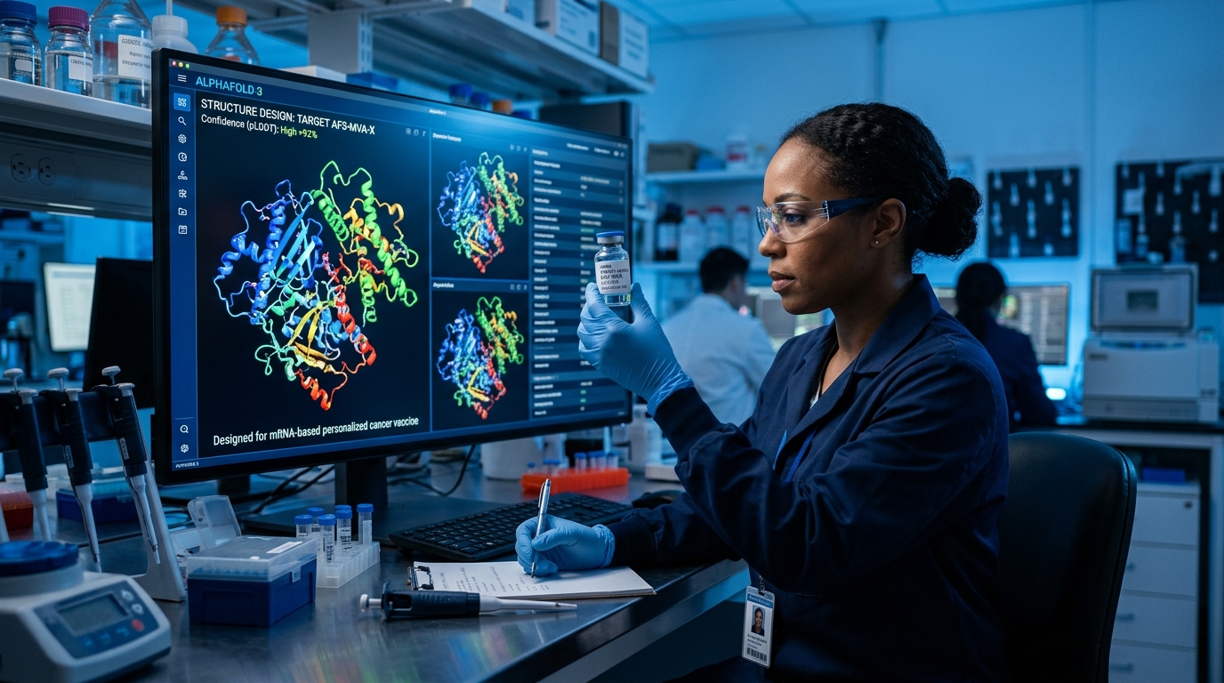 Biyomedikal laboratuvarında AlphaFold 3 moleküler protein analizi ve kişiselleştirilmiş mRNA kanser aşısı şişesi