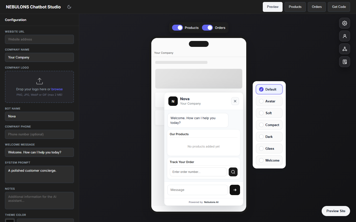 Nebulons AI Chatbot Studio'nun arayüzü