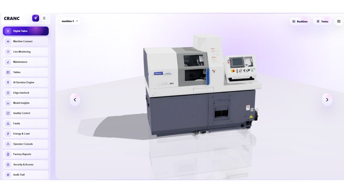 Nebulons AI Cranc arayüzünde CNC makinesinin dijital ikizi ve Optimum destekli izleme