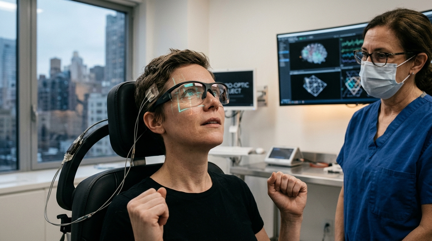 Klinik ortamında Neuralink Blindsight optik protez gözlüğü ve görsel algı testi yapan hasta