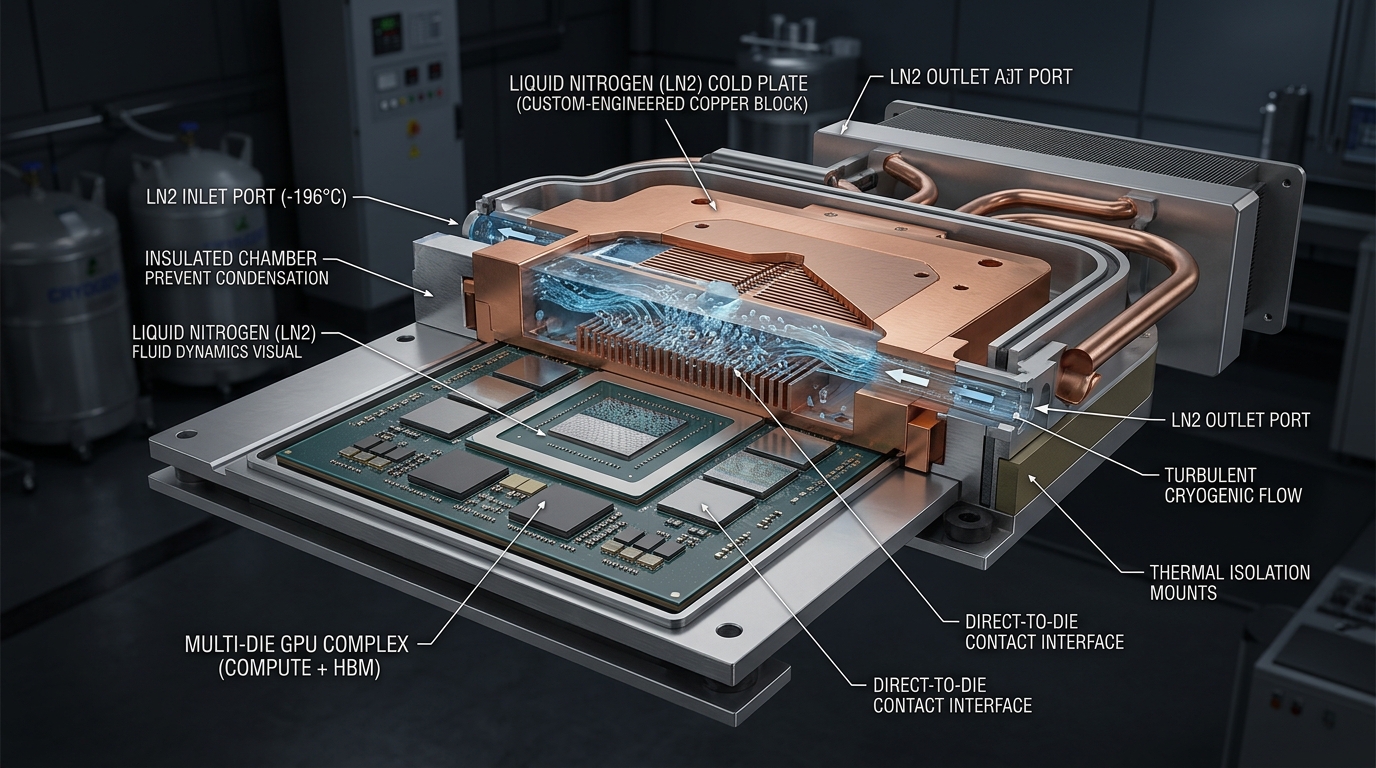 Doğrudan GPU zarına temas eden sıvı azot soğutma bloğu ve kriyojenik termal akışkan dinamiği teknik kesit renderı