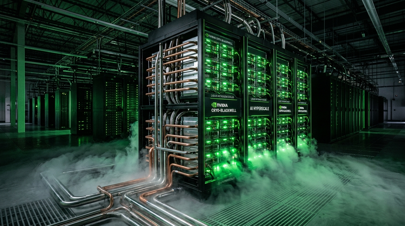 Nvidia Cryo-Blackwell hipersüperbilgisayar sunucu kabinlerinde sıvı azot soğutma buharı ve yeşil LED ışık akışı